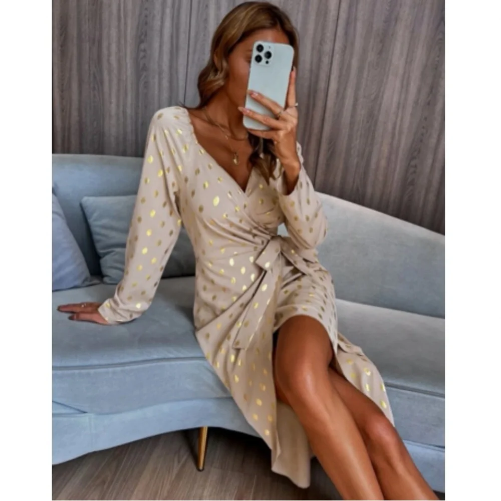 Luxe metallic gold dots wrap knot side party evening formal dress - Picture 2 of 15